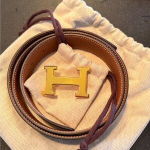 Hermes Brown/Black Leather Belt with Gold Buckle